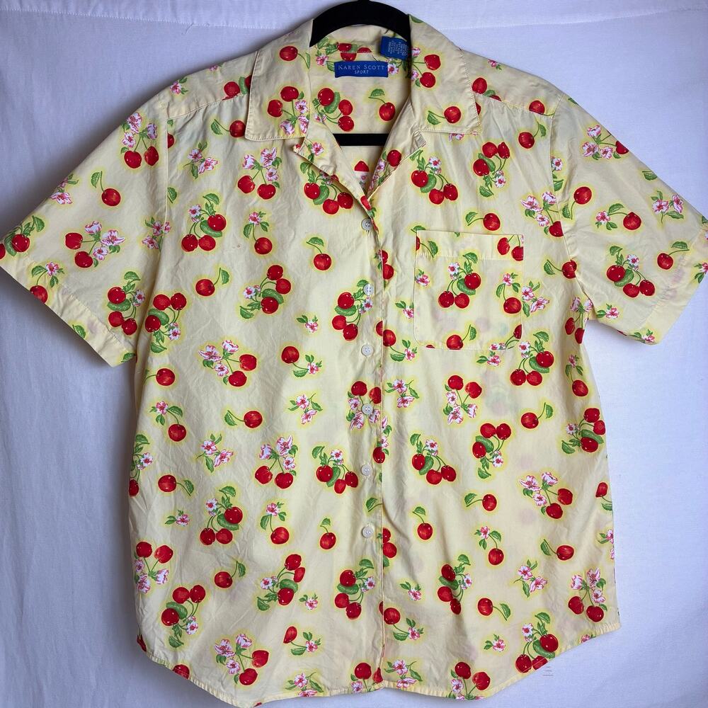 Karen Scott Sport Womens Medium Yellow Cherry Print Button Up Shirt Short Sleeve